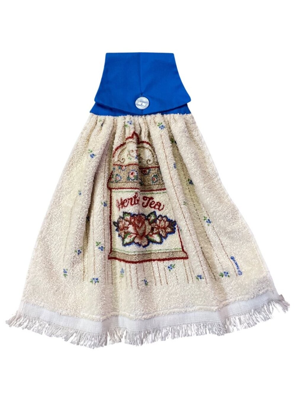 Vintage Hanging Tea Towel With Herbal Tea Canister Embroidery & Blue Button Clos